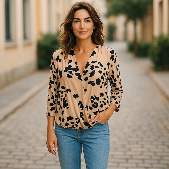 SAM & LAVI CHEETAH PRINT FAUX WRAP V-NECK BLOUSE SIZE SMALL🤎🖤 - Picture 8 of 8